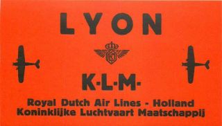 Klm Royal Dutch Airlines To Lyon Old Luggage Label