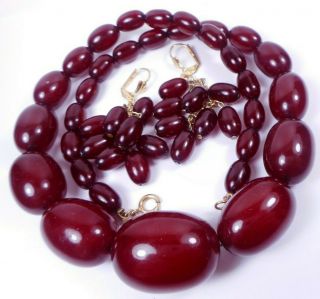 Vtg 58g Cherry Amber Bakelite Bead Necklace & Earrings Antique Faturan