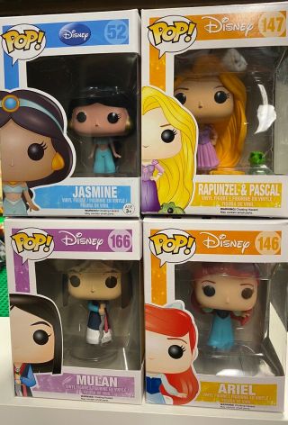 Funko Pop Disney Princess Bundle - Jasmine,  Mulan,  Rapunzel (&pascal) And Ariel