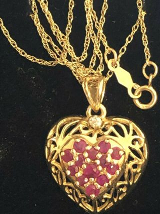 Vintage Estate 14k Gold Ruby Diamond Pendant Heart Necklace Signed Mb
