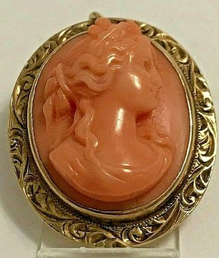 Antique 14k Gold Carved Red Coral Bust Head Portrait Cameo Pendant