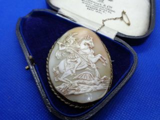 Large Antique Victorian George & The Dragon Carved Shell Cameo Brooch