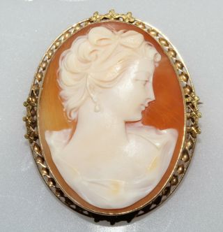 Antique Vintage 14k Yellow Gold Shell Cameo Brooch Pin Pendant