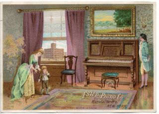 66542 Trade Card C 1880 Estey Piano Co York " The First Music Lesson " Factory
