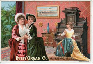 66844.  Trade Card C 1890 Estey Organ Co Brattleboro Vt W/ Factory Pic On Wall