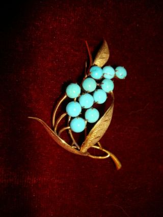 Vintage 14k Yellow Gold And Turquoise Brooch Pin