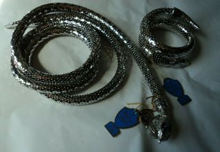 Vintage Whiting & Davis Silver Tone Mesh 40 " Snake Necklace & Wrap Bracelet