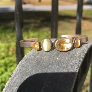 Vintage Amy Kahn Russell Sterling Silver Cats Eye Citrine Faceted Cuff Bracelet