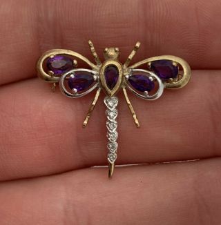 9ct Gold Pear Drop Amethyst & Diamond Dragonfly Brooch,  9k 375