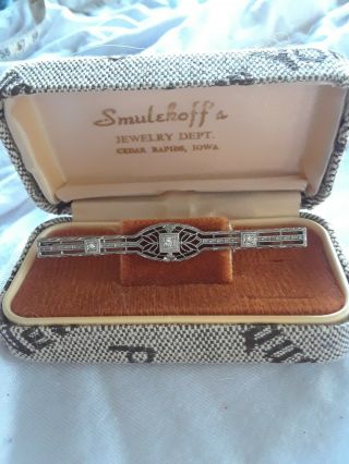 Antique Art Deco Filigree 14k White Gold Diamond Brooch Pin 2 3/8 "