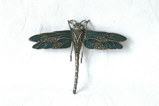 Antique Art Nouveau Sterling Silver Enamel Dragonfly Brooch C 1920 - 1930