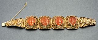 Women Chinese Filigree Gold - Plate Silver Gilt Carved Carnelian Bracelet Antique