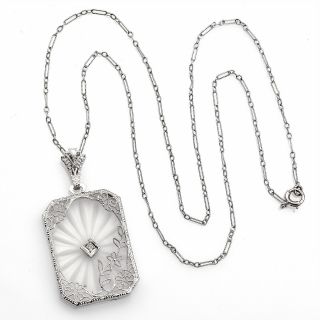 Vintage 14k White Gold Diamond Frosted Quartz Filigree Pendant Necklace 4.  5grams