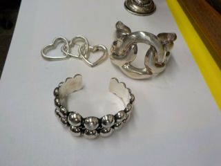 3 Heavy Vintage Mexican Sterling Silver Designer Bracelets & Lg Triple Heart Pin