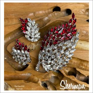 Sherman “leaf” Brooch/earrings Siam/clear Swarovski
