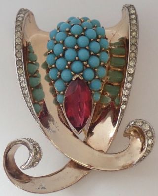 Vintage Marcel Boucher Sterling Silver Turquoise Ruby Rhinestone Pin Clip Brooch