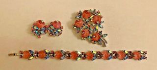 Vintage Crown Trifari Fruit Salad Bracelet Brooch Earrings Set Collectible