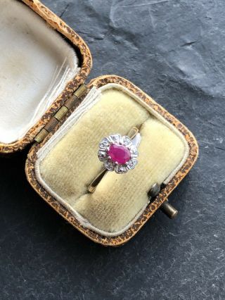 Vintage Yellow Gold Ruby And Diamond Cluster Flower Ring Very Pretty