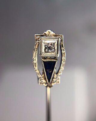 Art Deco 18k White Gold Old European Diamond Sapphire Shield Stick Pin Brooch