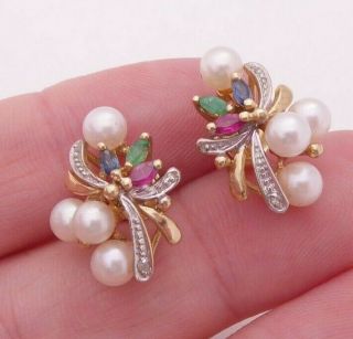 9ct Gold Diamond,  Ruby,  Emerald,  Sapphire & Pearl Vintage Cluster Earrings,  375