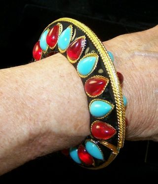 Kjl Kenneth J.  Lane Huge Black Enamel Ruby & Turquoise Cabochons Bangle Bracelet