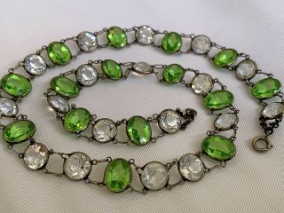 Vintage Antique Art Deco Peridot Green Crystal Paste Glass Open Back Necklace 2