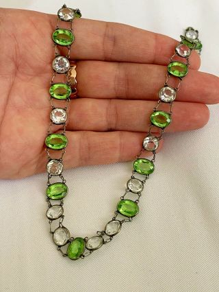 Vintage Antique Art Deco Peridot Green Crystal Paste Glass Open Back Necklace 3