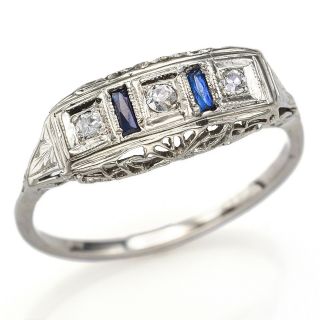 Antique 14k White Gold Diamond & Sapphire Art Deco Band Ring Size 7 H/i