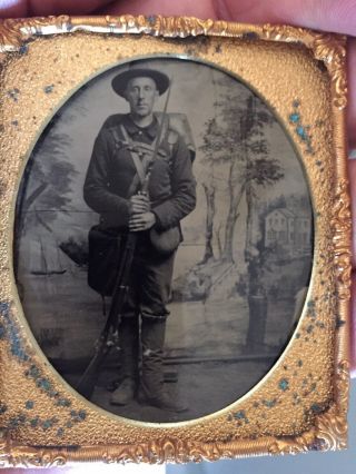 Tintype Of Soldier With His Gun 19th Century