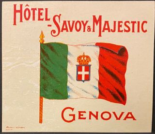 Luggage Label Hotel Savoy & Majestic Genova Genoa Italy Italian Flag Design