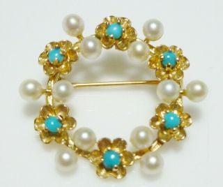14k Yellow Gold Pearl Persian Turquoise Round Flower Floral Brooch Pin Vintage