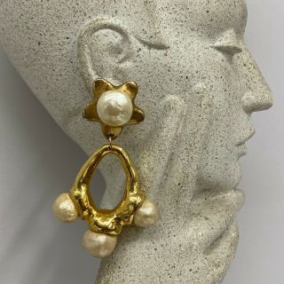 Vintage Alexis Lahellec Earrings Jumbo Gold Tone Metal & Jumbo Baroque Pearls