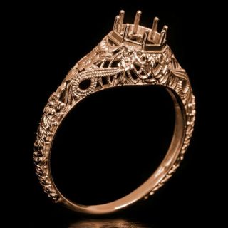 Art Deco Semi Mount Filigree Engraved Engagement Cocktail Ring Setting Rose Gold