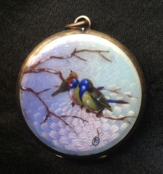 Gorgeous Antique French Guilloche Enamel Solid Silver Locket Bird Tree Signed