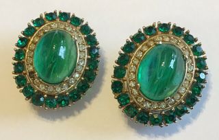 Vintage Ciner Signed Flawed Emerald & Clear Rhinestone Earrings