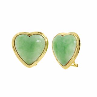 Contemporary Vintage 14k Yellow Gold Bezel Set Jade Heart Earrings