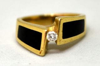 Vintage 14k Solid Yellow Gold,  Onyx With Diamond Ring Size 3.  5