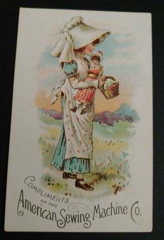 Trade Card American Sewing Machine Company - Pretty Girl In Bonnet W Doll