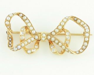 Antique 18k Gold Over Seed Pearl Diamond Bow Brooch - 1.  50 Ct Old Mine Cut Diamond