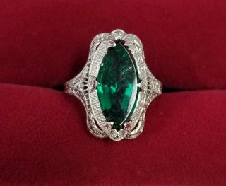 Ostby & Barton Art Deco 10k White Gold Old Marquise Emerald Glass Filigree Ring