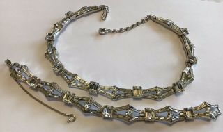 Vintage Crown Trifari Signed Clear Rhinestone Necklace And Bracelet Z1