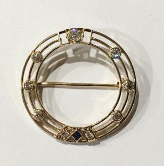 Art Deco 14k Yellow Gold Diamond & Sapphire 1 1/4” Circle Brooch Pin 5.  3 Grams