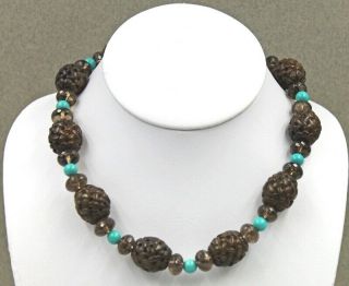 Stephen Dweck Carved Brown Jade,  Turquoise And Faceted Quartz Bead Necklace