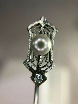 Vintage Art Deco 14k White Gold Round Diamond Round White Pearl Stick Pin Brooch