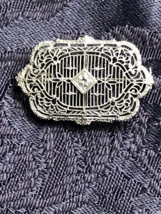 Fine Vintage 1920s Art Deco 14k White Gold Filigree Diamond Brooch Pin