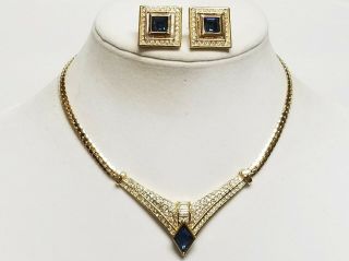 Vintage Christian Dior Sapphire Blue & Clear Rhinestone Earrings & Necklace Set