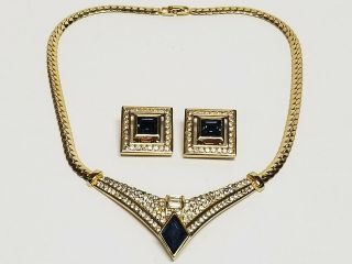 Vintage CHRISTIAN DIOR Sapphire Blue & Clear Rhinestone Earrings & Necklace SET 2
