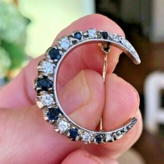 Vintage 9ct Sapphire And Diamond Crescent Brooch