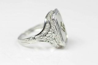 Art Deco Camphor Glass 14k White Gold Diamond Filigree Ring Size 5.  75 6674