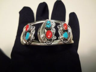 61 - Vintage Sterling Silver Cuff With Turquoise And Coral -